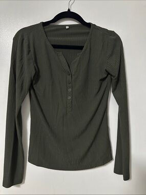 Source Unknown Olive Ribbed Henley Long Sleeve Shirt
